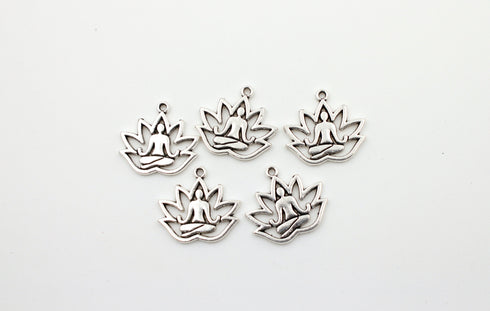 Set of 10, silver yoga healing charms, lotus flower, 18mm x 17mm